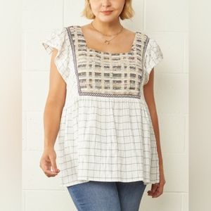 Women's White and Black Checkered Top